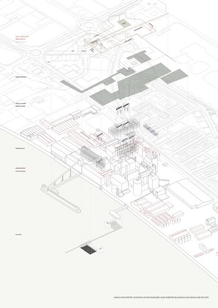 Axonometric showing excavated, added and removed (buildings, machinery, and routes)
